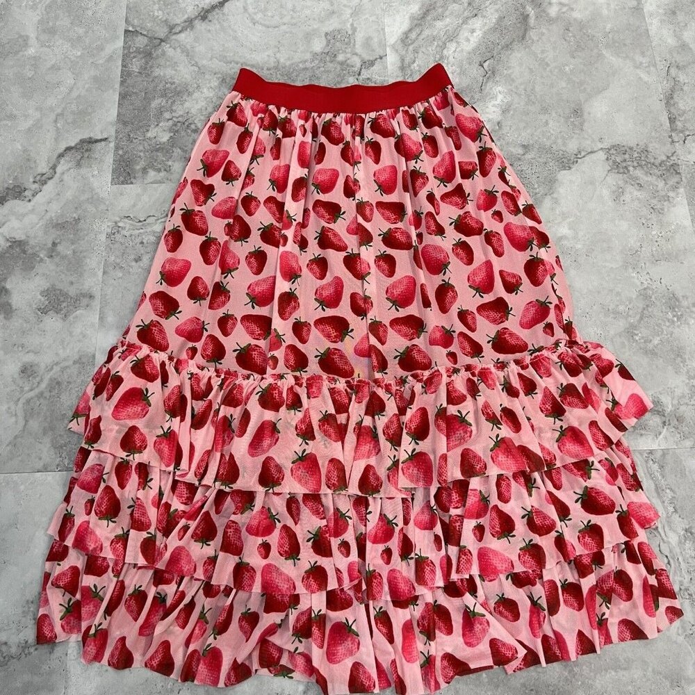 Eva Franco for Anthro Strawberry Print Tiered Midi‎ Skirt Size XSmall XS